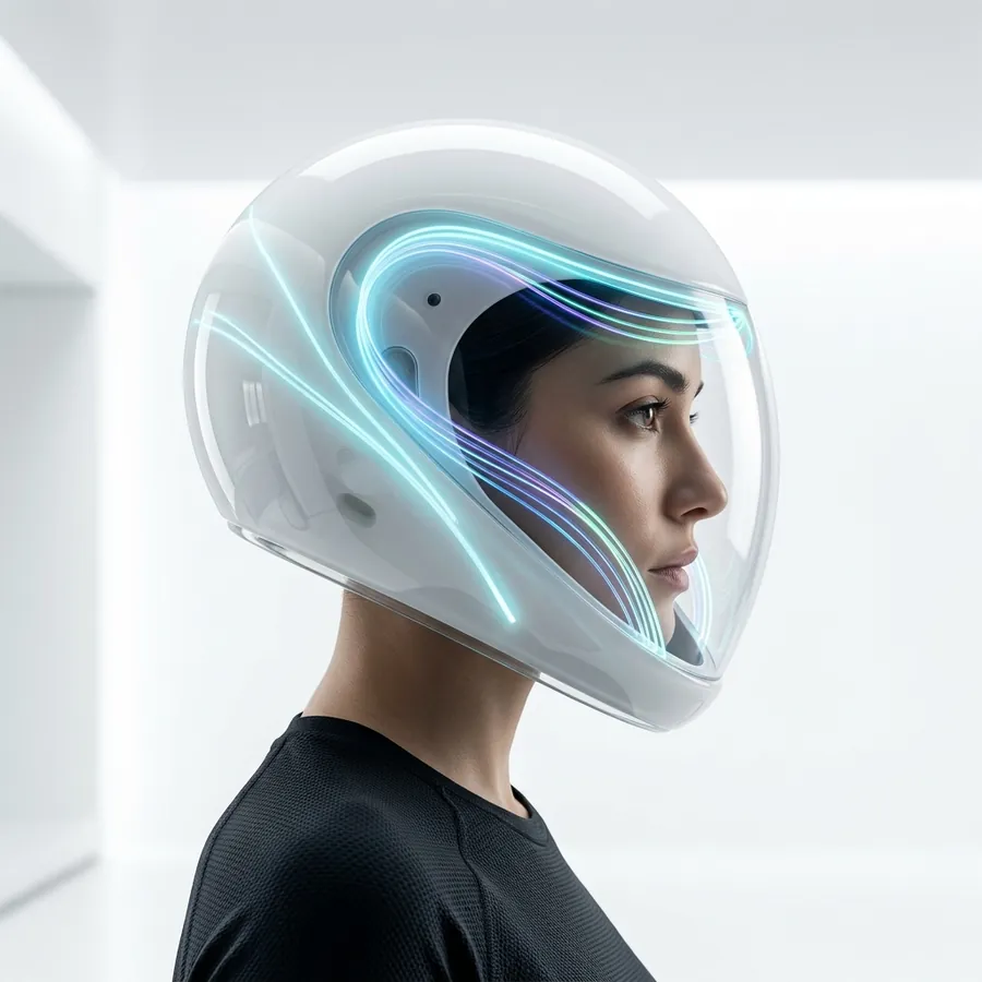 Strategist wearing a transparent neural-interface helmet, representing AI-driven search visibility